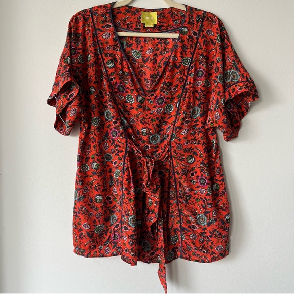 Anthropologie Tops - Anthropologie Maeve Women’s Maes Red Silk Floral Kimono Top M Spring Summer Boho